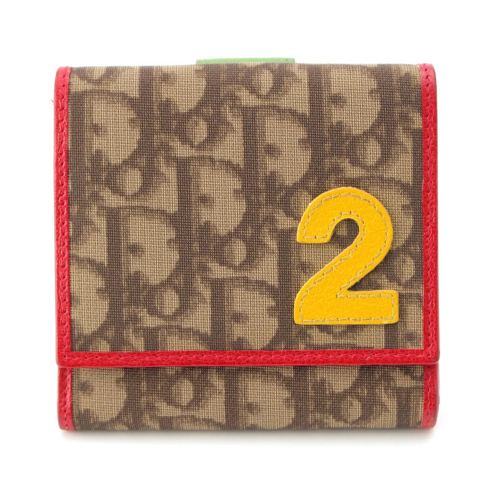 Christian Dior Trotter Canvas x Leather Compact Wallet Bi fold Brown Red